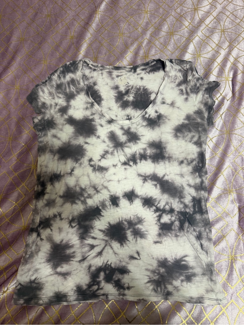 💥 WOMENS PINK Victoria's Secret Black & White Tie-Dye Scoop Neck Tee